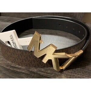Michael Kors Reversible Belt GOLD METAL MK LOGO BUCKLE BROWN BLACK MEDIUM NWT